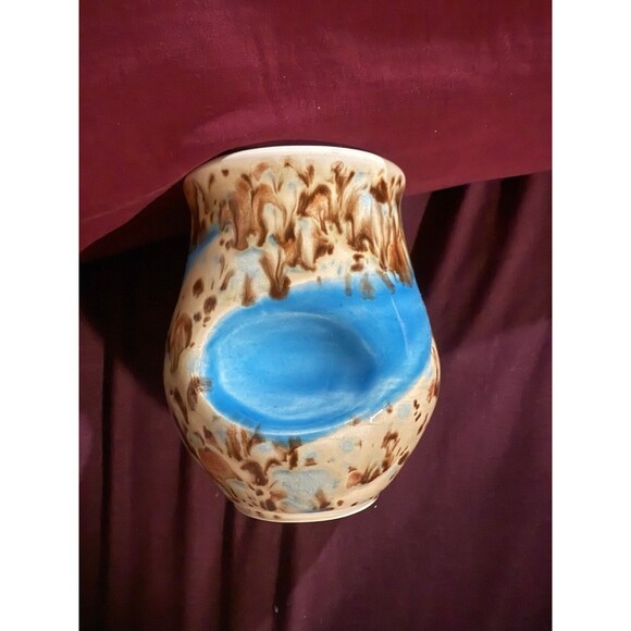 Handmade Ceramic Vase with Blue & Brown Glaze, Polkadots, Artist Signed NS or SN - Picture 8 of 10